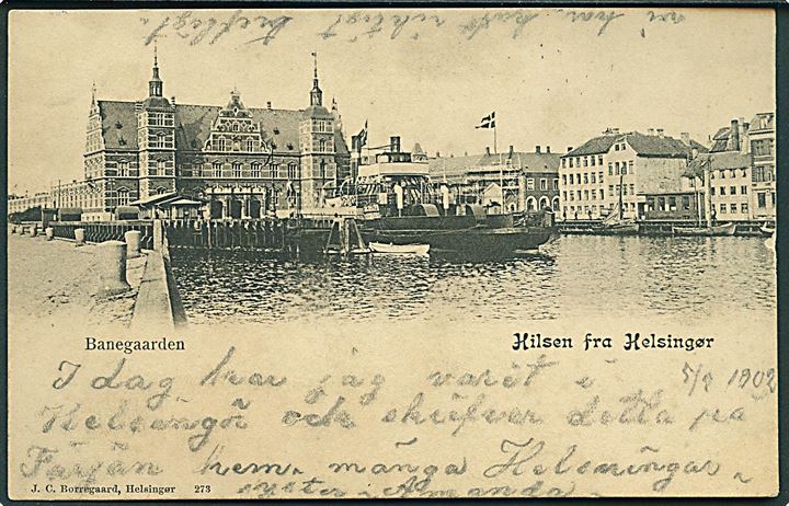 5 øre Våben på brevkort (Havneparti fra Helsingør) annulleret med svensk stempel i Helsingborg d. 4.7.1902 og sidestemplet Från Danmark til Ramlösa, Sverige.