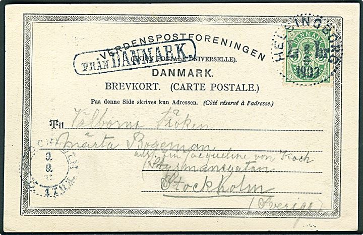 5 øre Våben på brevkort fra København annulleret med svensk stempel i Helsingborg d. 9.9.1903 og sidestemplet Från Danmark til Stockholm, Sverige.