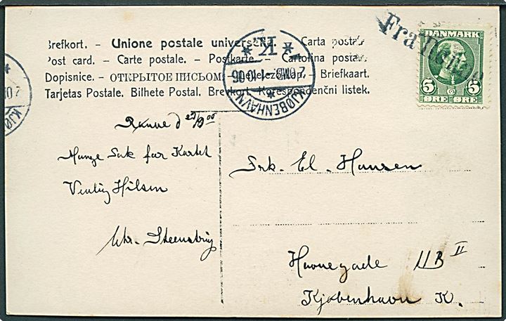 5 øre Chr. IX på brevkort (Fiskerbåde på spejlblankt vand) fra Rønne d. 29.9.1906 annulleret med skibsstempel Fra Rønne og sidestemplet Kjøbenhavn d. 1.10.1906 til København.