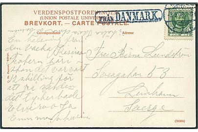 5 øre Fr. VIII på brevkort annulleret med svensk stempel Mälmö d. 3.5.1908 og sidestemplet Från Danmark til Linhamn, Sverige.