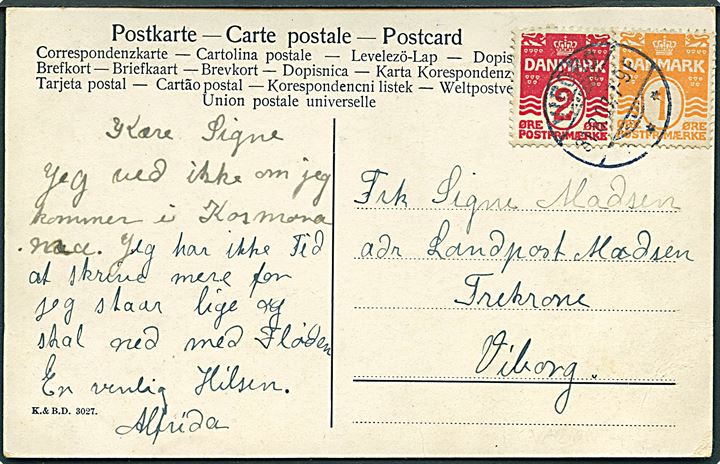 1 øre og 2 øre Bølgelinie på lokalt brevkort i Viborg d. 31.8.1907.