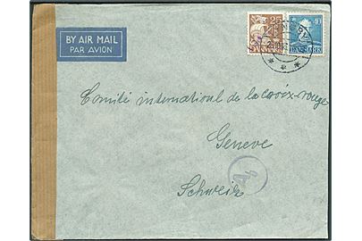25 øre Karavel og 40 øre Chr. X på luftpostbrev fra Lyngby d. 20.10.1943 til Internationalt Røde Kors i Genevé, Schweiz. Åbnet af tysk censur i Berlin.