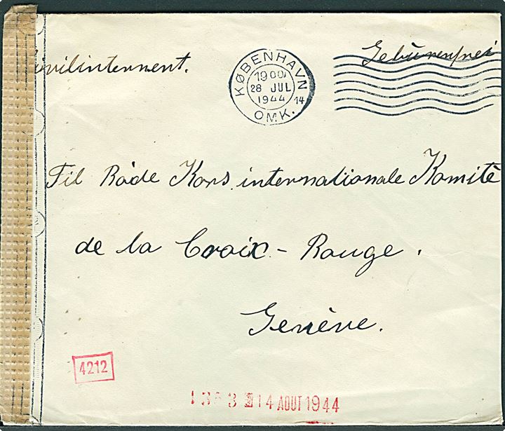 Ufrankeret brev påskrevet Civilinterneret / Gebührenfrei fra København d. 28.7.1944 til International Røde Kors i Geneve, Schweiz. Åbnet af tysk censur i München.