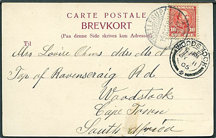 10 øre Chr. IX på brevkort fra Hellerup d. 19.6.1905 til Woodstock, Cape Town, South Africa. Ank.stemplet Woodstock d. 11.7.1905.