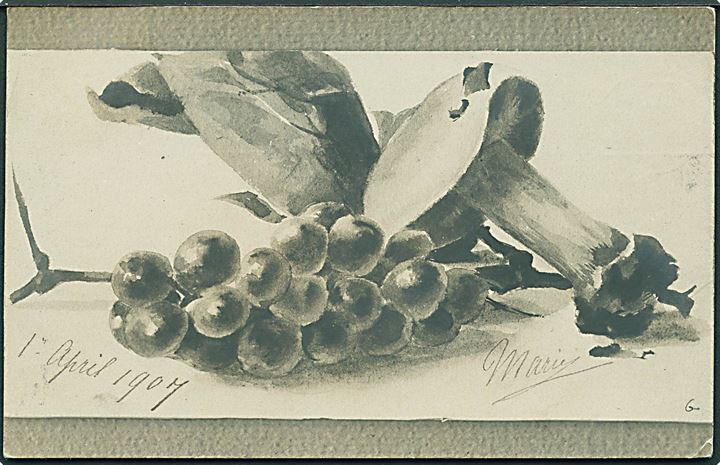 3 øre Bølgelinie på lokalt brevkort (Prinsesse Marie: Stilleben med druer og svamp) annulleret med violet særstempel Vestindisk Velgjørenhedsfest 1-2-3 April 1907.