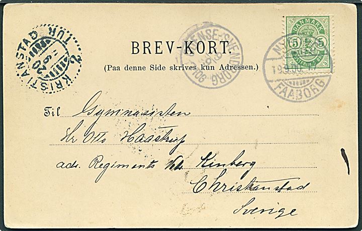 5 øre Våben på brevkort annulleret med bureaustempel Faaborg - Nyborg T.7 d. 19.9.1900 via Odense - Svendborg d. 19.9.1900 til Kristianstad, Sverige.
