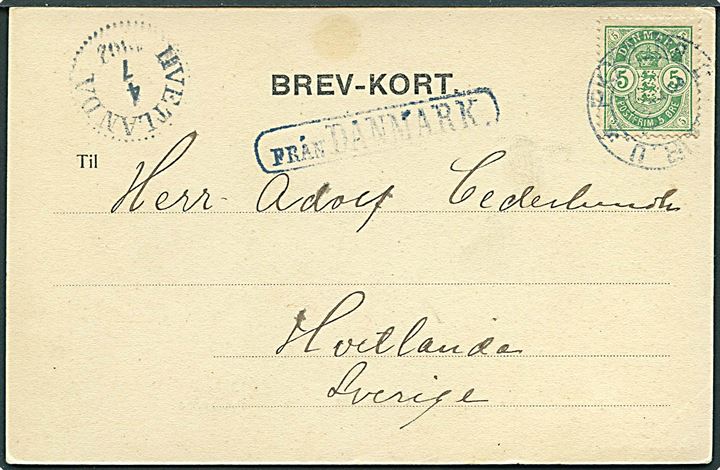 5 øre Våben på brevkort (Hilsen fra Tivoli med Pjerrot og Colombine) annulleret med svensk bureaustempel PKXP No. 2 d. 3.7.1902 til Hvetlanda, Sverige.