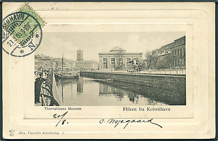 5 øre Våben på billedside af brevkort sendt som tryksag fra Kjøbenhavn d. 21.8.1905 til Villa do Conde, Portugal.