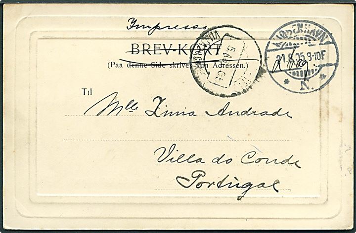 5 øre Våben på billedside af brevkort sendt som tryksag fra Kjøbenhavn d. 21.8.1905 til Villa do Conde, Portugal.