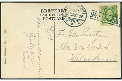 5 öre Oscar på brevkort fra Helsingborg annulleret Fra Sverige og sidestemplet Helsingør d. 26.8.1908 til København, Danmark.