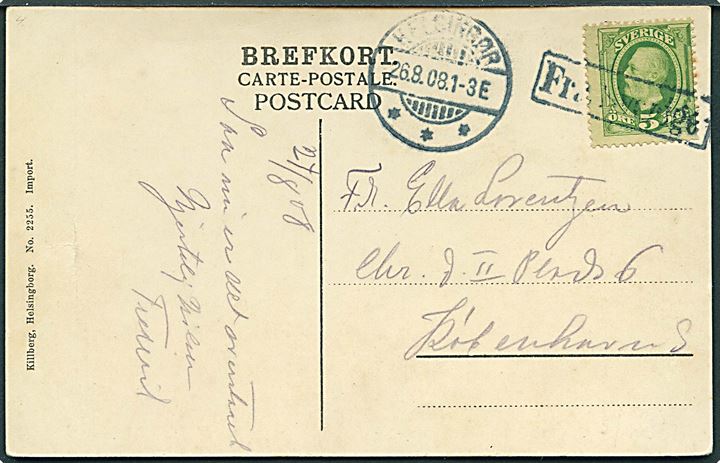 5 öre Oscar på brevkort fra Helsingborg annulleret Fra Sverige og sidestemplet Helsingør d. 26.8.1908 til København, Danmark.