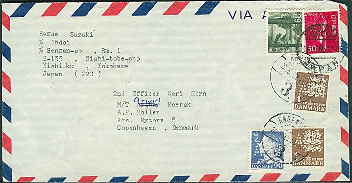 Japansk luftpostbrev fra Yokohama 1969 til sømand ombord på M/T Arnold Mærsk via rederiet A.P.Møller i København. Opfrankeret med 90 øre Fr. IX ig 1 kr. Rigsvåben (2) med perfin A.P.M. stemplet København d. 23.5.1969 og eftersendt til skibet. 