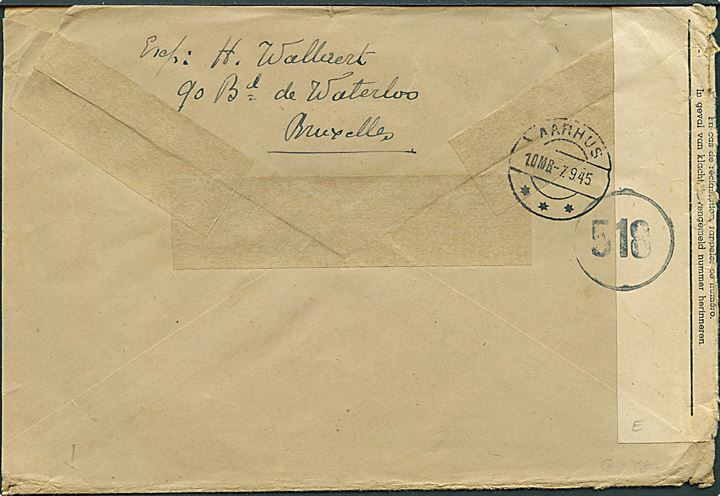 Div. Baudouin udgaver på anbefalet brev fra Bruxelles d. 11.8.1945 til Aarhus, Danmark. Åbnet af belgisk efterkrigscensur.