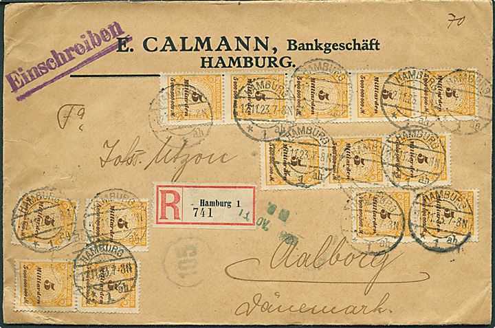 5 mia. mk. infla udg. (14) på 70.000.000.000 mk. frankeret anbefalet brev fra Hamburg d. 12.11.1923 til Aalborg, Danmark. Åbnet af tysk valutakontrol.
