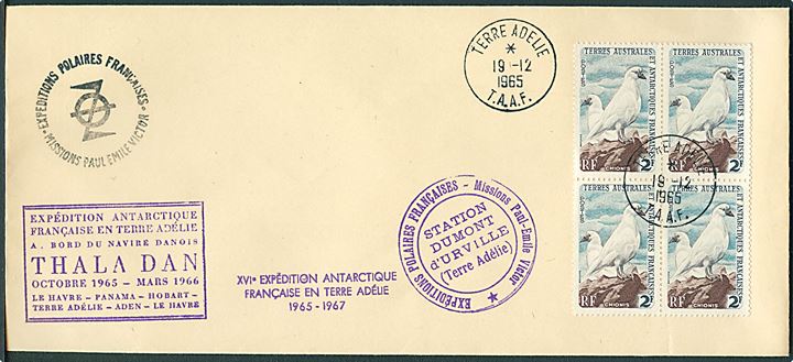 T.A.A.F. 2 fr. Skedenæb i fireblok på uadresseret brev stemplet Terre Adelie TAAF d. 19.12.1965 med forskellige ekspeditionsstempler og skibsstempel fra det danske forsyningsskib M/S Thala Dan.