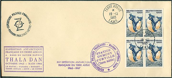 T.A.A.F. 1 fr. Pingvin i fireblok på uadresseret brev stemplet Terre Adelie TAAF d. 19.12.1965 med forskellige ekspeditionsstempler og skibsstempel fra det danske forsyningsskib M/S Thala Dan.