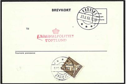 50 øre brun Fr. IX på brevkort fra Rødding d. 21.8.1968 til Toftlund. Rødding sn. 2 brotypestempel. 