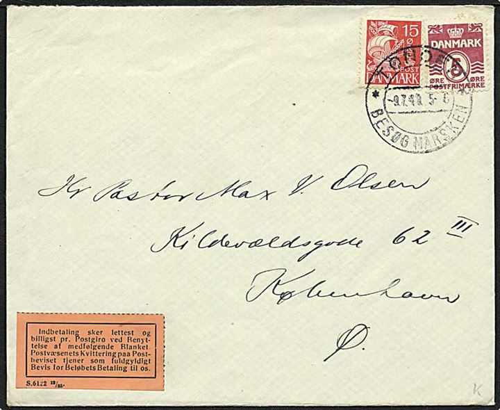 5 øre Bølgelinie og 15 øre Karavel på brev fra Tønder d. 9.7.1940 til København. På bagsiden mærkat fra Justitsministeriet vedr. mørklægning.