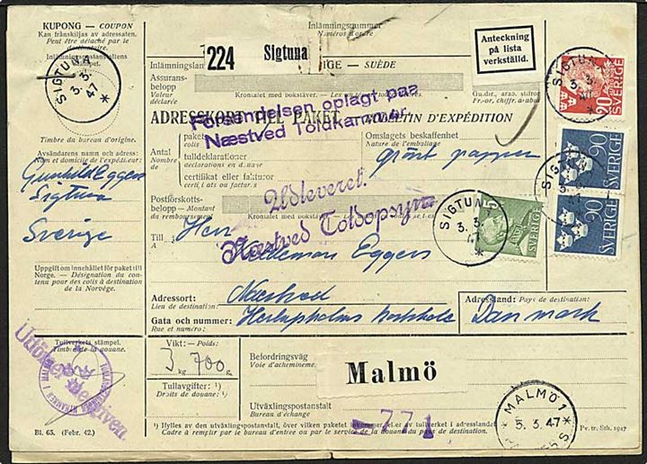 5 öre Gustaf, 20 öre Nobel og 90 öre Tre Korner i par på 2,05 kr. frankeret adressekort for pakke fra Sigtuna d. 3.3.1947 til Næstved, Danmark.