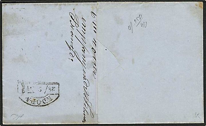 4 sk. 1858 udg. annulleret med nr.stempel 125 og sidestemplet Neustadt d. 27.2.(1863) til Lübeck. På bagsiden ank.stempel K.D.O.P.A. d. 28.2.(1863). Porto påtegning ½ med rødkridt.