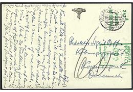 Ufrankeret brevkort fra Feldkirch i Østrig d. 18.6.1951 til København, Danmark. Udtakseret i 60 øre porto med grønt portomaskinstempel.