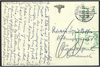 Ufrankeret brevkort fra Feldkirch i Østrig d. 18.6.1951 til København, Danmark. Udtakseret i 60 øre porto med grønt portomaskinstempel.