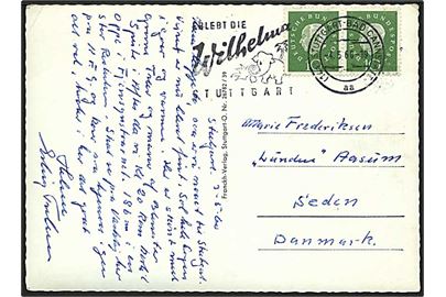 10 pfg. i vandret parstykke på brevkort fra Stuttgart d. 4.5.1960 til Seden, Danmark.