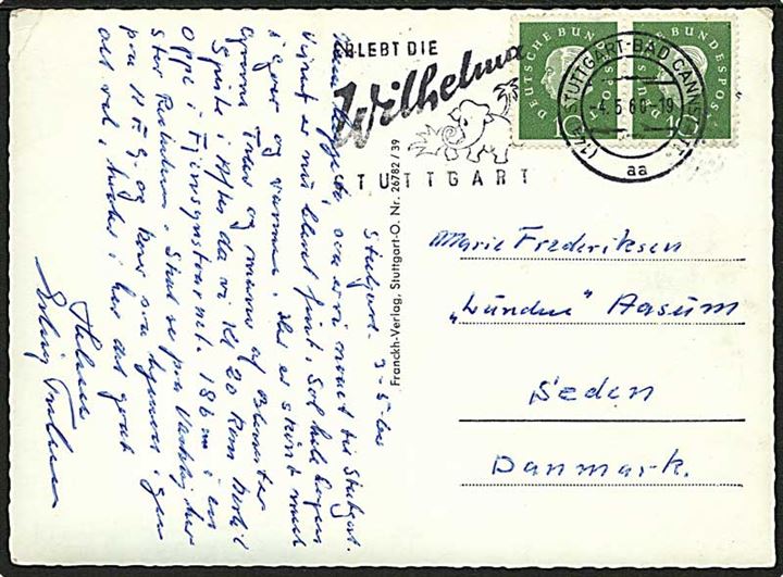 10 pfg. i vandret parstykke på brevkort fra Stuttgart d. 4.5.1960 til Seden, Danmark.