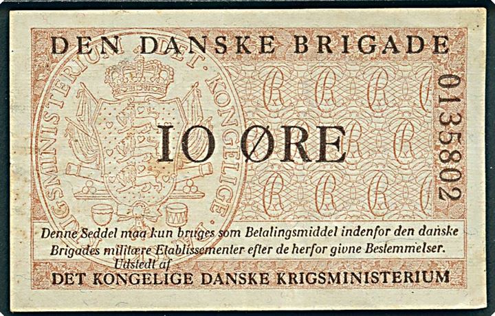 Den danske Brigade. 10 øre pengeseddel udgivet af det Kgl. danske Krigsministerium til brug for den danske Brigade i Tyskland 1947-1956.