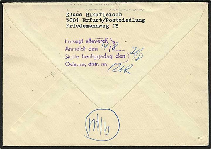 25 pfg. og 50 pfg. rec.-etiket på anbefalet brev fra Erfurt d. 12.8.1970 til Odense, Danmark. På bagsiden stemplet: Forsøgt afleveret .....