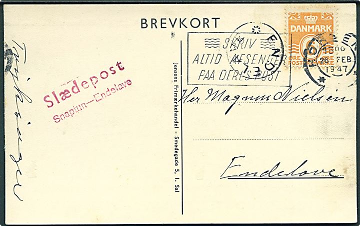 6 øre Bølgelinie på filatelistsisk ispost-brevkort Slædepost Snaptun - Endelave stemplet Horsens d. 26.2.1947 og sidestemplet med udslebet stjernestempel ENDELAVE til Endelave. På bagsiden billede af Slædeposten.