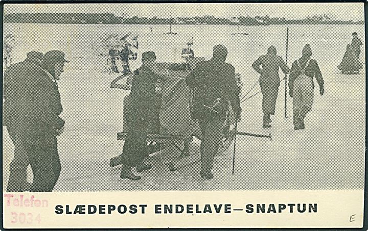6 øre Bølgelinie på filatelistsisk ispost-brevkort Slædepost Snaptun - Endelave stemplet Horsens d. 26.2.1947 og sidestemplet med udslebet stjernestempel ENDELAVE til Endelave. På bagsiden billede af Slædeposten.