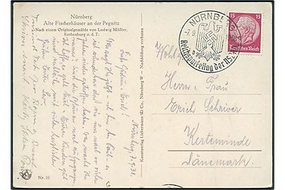 15 pfg. Hindenburg på brevkort annulleret med særstempel Nürnberg Reichparteitag der NSDAP d. 7.9.1938 til Kerteminde. Meddelelse skrevet på både dansk og tysk. 