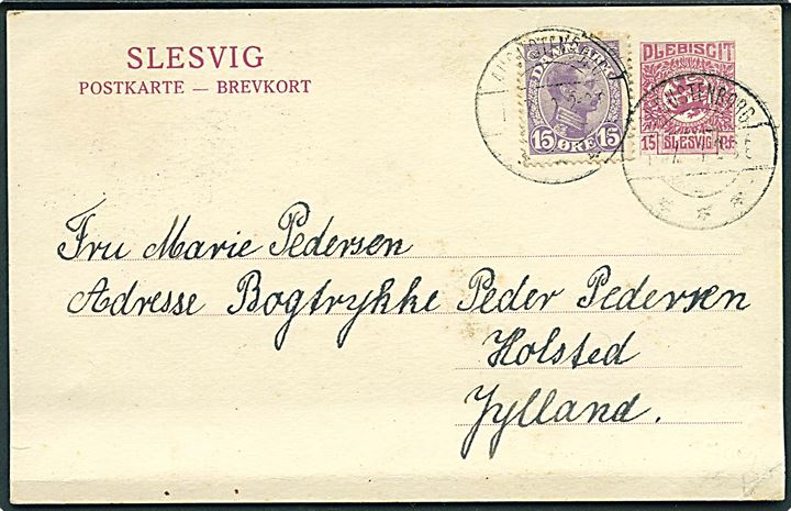 15 pfg. Fælles udg. helsagsbrevkort benyttet som brevkort med dansk 15 øre Chr. X stemplet brotype IIb Augustenborg sn2 d. 14.7.1920 til Holsted.