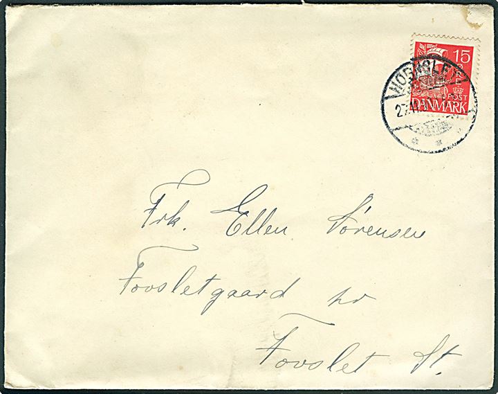 15 øre Karavel på brev annulleret med brotype Ic Hjortshøj d. 27.11.1930 til Fovslet St. Vanskeligt stempel.