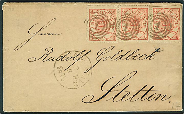 4 sk. Korne/Scepter (3) på 12 sk. frankeret brev annulleret med nr.stempel 1 og sidestemplet antiqua Kjøbenhavn d. 2.9.1867 via bureau Kiel-Hamburg til Stettin, Tyskland.