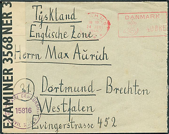 40 øre Posthusfranko fra Aarhus d. 24.6.1946 på flygtningebrev fra Flygtningelejr Rye til Dortmund, Tyskland. Åbnet af britisk efterkrigscensur i Tyskland.