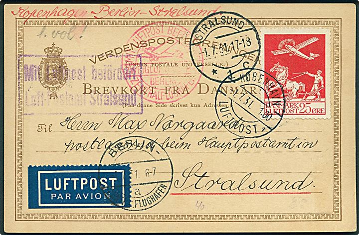 25 øre Luftpost på brevkort (Ugyldig 6 øre helsag) stemplet København Luftpost sn1 d. 1.7.1931 via Berlin til Stralsund, Tyskland. 