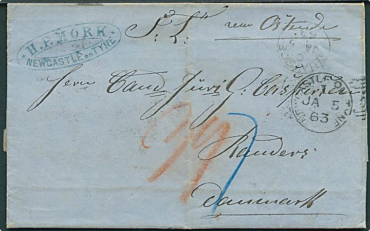 1863. Ufrankeret portobrev fra Newcastle on Tyne d. 5.1.1863 via Quayside, London og Hamburg til Randers, Danmark. Udtakseret i 39 sk. som er betalt af modtageren.