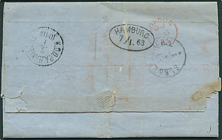 1863. Ufrankeret portobrev fra Newcastle on Tyne d. 5.1.1863 via Quayside, London og Hamburg til Randers, Danmark. Udtakseret i 39 sk. som er betalt af modtageren.