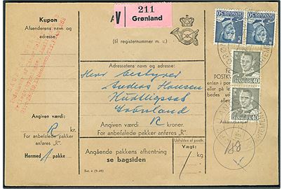 40 øre og 50 øre Fr. IX i parstykker på adressekort for anbefalet pakke fra København annulleret Grønlands Departementet d. 10.10.1951 til Kutligssat, Grønland.