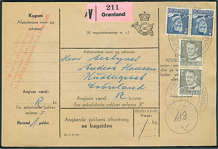 40 øre og 50 øre Fr. IX i parstykker på adressekort for anbefalet pakke fra København annulleret Grønlands Departementet d. 10.10.1951 til Kutligssat, Grønland.