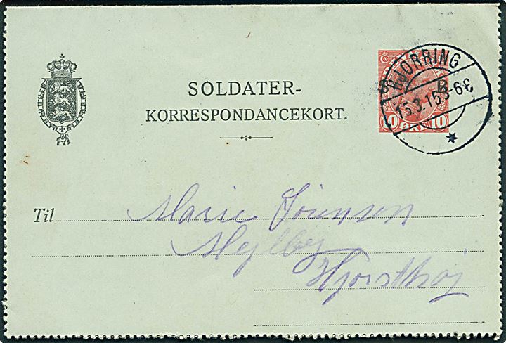 10 øre Soldater-Korrespondancekort annulleret med brotype IIb Hjørring d. 15.3.1915 til Hjortshøj.