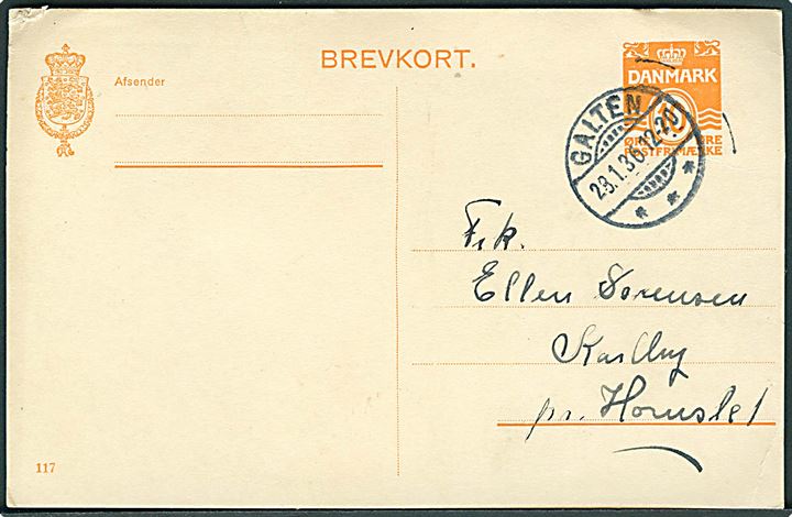 10 øre helsagsbrevkort (fabr. 117) annulleret med brotype Ic Galten d. 28.1.1936 til Hornslet.