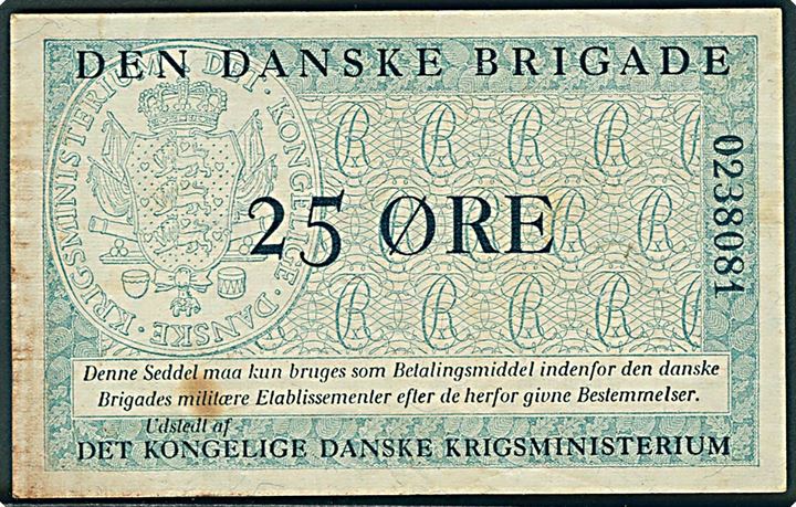Den danske Brigade. 25 øre pengeseddel udgivet af det Kgl. danske Krigsministerium til brig for den danske Brigade i Tyskland 1947-1956.