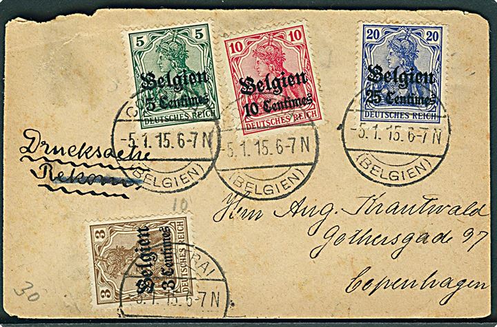 Tysk post i Belgien. 3 c./3 pfg., 5 c./5 pfg., 10 c./10 pfg. og 25 c./20 pfg. Belgien provisorium på tryksag fra Coutrai (Belgien) d. 5.1.1916 til København, Danmark.