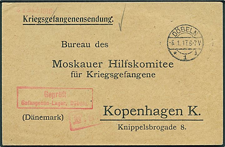 Ufrankeret fortrykt krigsfangebrev fra Döbeln d. 6.1.1917 til København, Danmark. Rød lejrcensur.