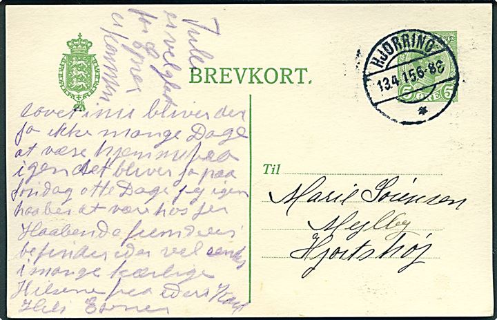5 øre Chr. X helsagsbrevkort annulleret med brotype IIb Hjørring * d. 13.4.1915 til Mejlby pr. Hjortshøj.