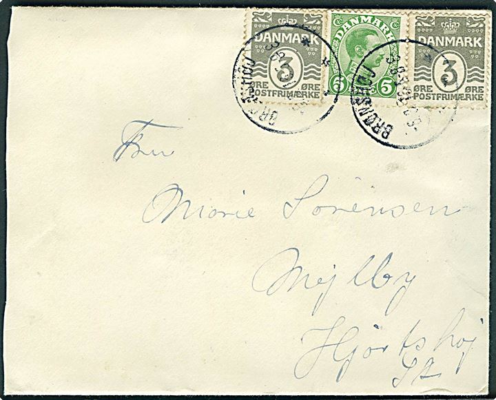 3 øre Bølgelinie (2) og 5 øre Chr. X på overfrankeret brev fra Brønshøj d. 6.3.1916 til Mejlby pr. Hjortshøj.