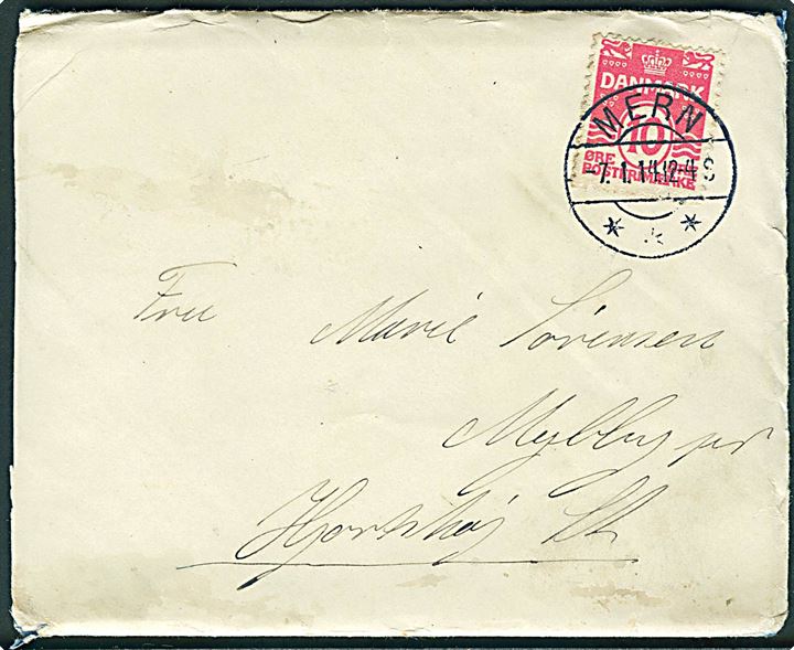 10 øre Bølgelinie på brev annulleret med brotype IIb Mern d. 7.1.1914 til Mejlby pr. Hjortshøj.
